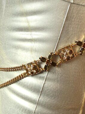 Gold Metal Chain Belt with Purple & White Rhinestones Adjustable to 31"